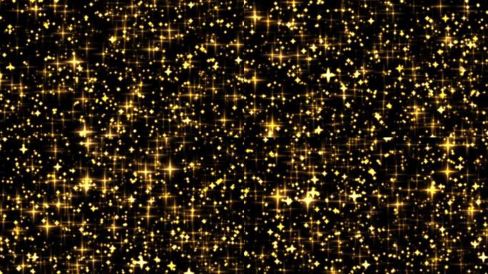 金色假期闪光和闪闪发光的覆盖，黑色背景上的星星和神奇的发光纹理，金色的星星尘埃颗粒，奢华和魅力