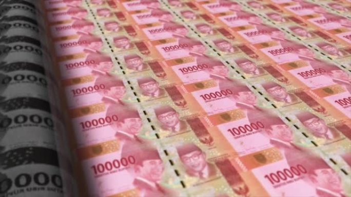 印度尼西亚，印度尼西亚卢比印刷机打印出当前100000卢比钞票，无缝循环，印度尼西亚货币背景，4K，