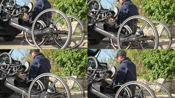 残疾运动员准备骑他的手自行车。高质量4k镜头
