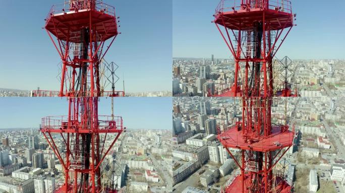在电信塔周围飞行，可以看到大都市，明亮的阳光下，通信和电信概念