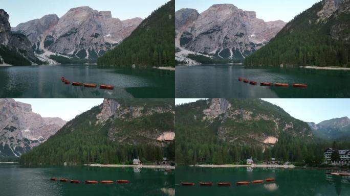 空中无人机视图最美丽的Lago di Braies日出场景也被称为Pragser Wildsee。意
