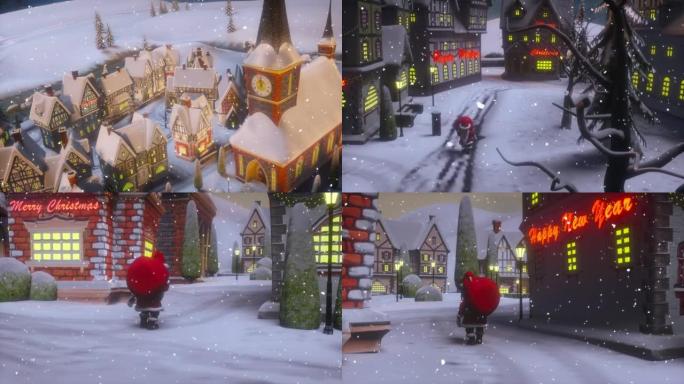 2023圣诞快乐，新年快乐动画。圣诞老人提着一个装有礼物的袋子。圣诞节冬夜的小镇或村庄的景色。