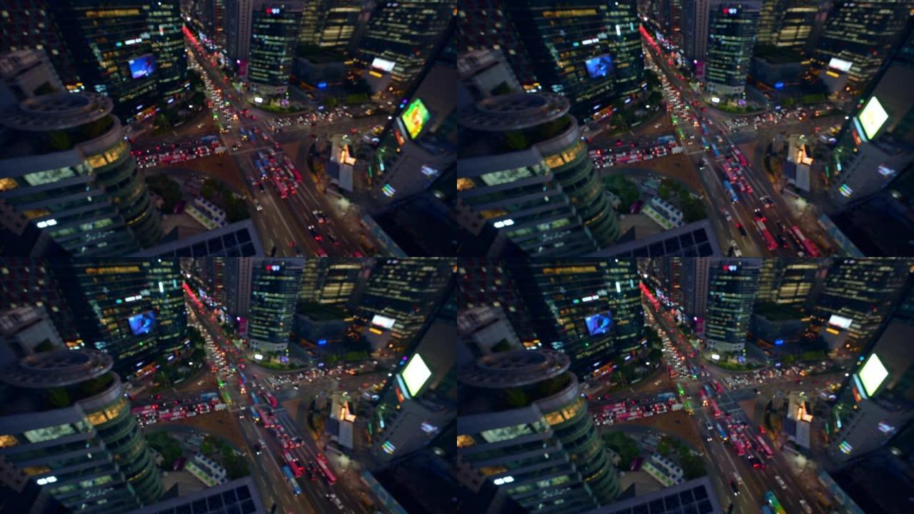 模糊视频拍摄，夜间江南的高景和首尔市中心的城市景观以及韩国首尔市交通拥堵