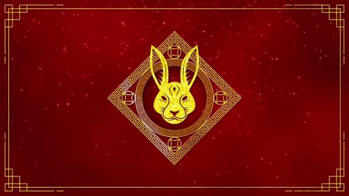 金色兔子标志的运动图形与农历新年和兔年2023在深红色背景和闪光颗粒在一个快乐的新年概念无缝循环视频