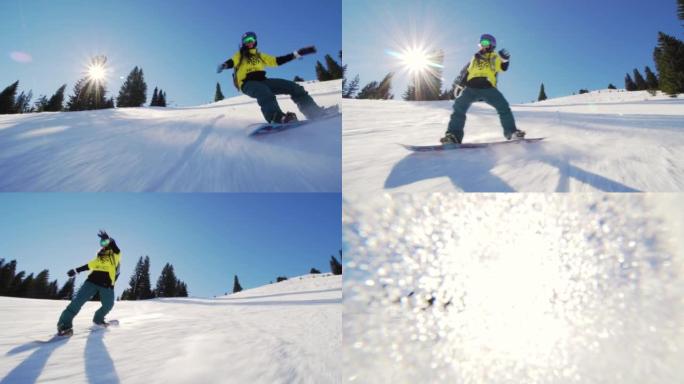 女孩在斜坡上滑雪，向空中扔雪和照相机。欧洲滑雪中心的女滑雪者。前视图。晴朗的蓝天。