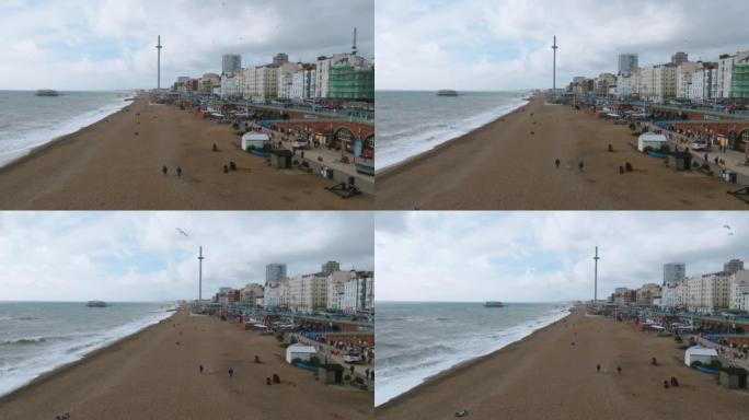 美丽的布莱顿海滩4k视频。英国布莱顿的神奇日落和暴风雨天气。