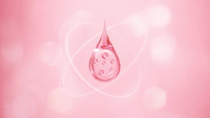粉色胶原蛋白精华液或精华液滴，化妆品广告背景，3d动画