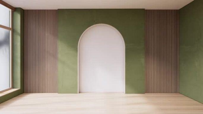 空房间-木地板上的绿色墙壁和装饰植物。3D渲染