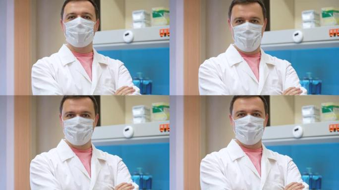 化学实验室研究员戴着医用口罩的人说是的，并在生物医学实验室点点头。快乐的医生站在复古风格的实验室里摇