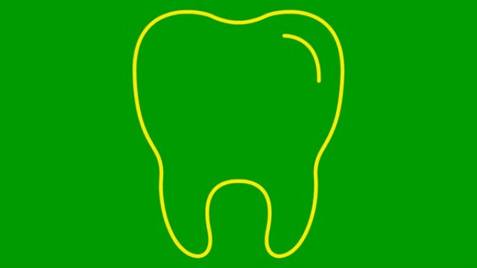 动画牙齿符号是逐渐绘制的。透明牙齿的线性黄色图标。牙科概念。循环视频。矢量插图孤立在绿色背景上。