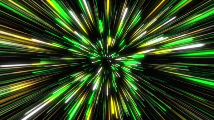 多色圆形中心变焦运动模式。白色、橙色、绿色超光速隧道。抽象霓虹灯背景。发光光线动画，发光二极管灯，星