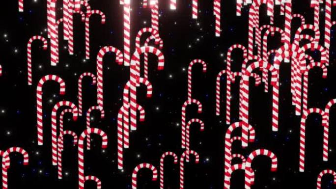 坠落黎明糖果棒孤立在星星背景3d渲染。白色和红色糖果手杖滴。节日概念与糖果棒糖果圣诞节或圣尼古拉斯日