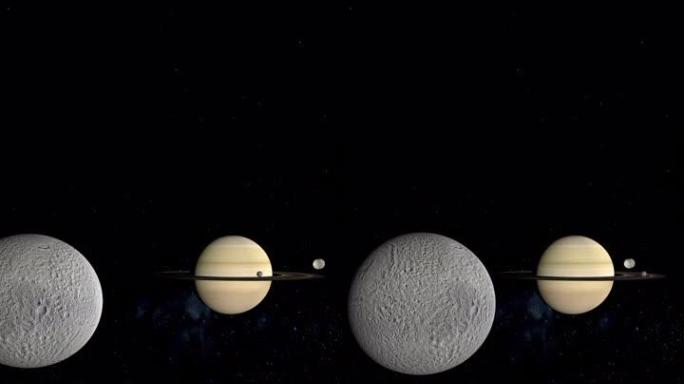 特提斯、米玛斯和土卫二围绕土星行星运行。4k垂直