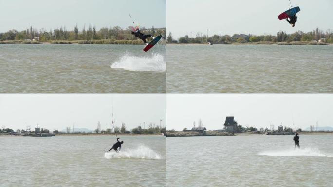 风筝冲浪者骑着风筝在海湾做和练习技巧。自由式风筝跳跃，在池塘风筝上训练。喜欢骑行的风筝冲浪者。极限水