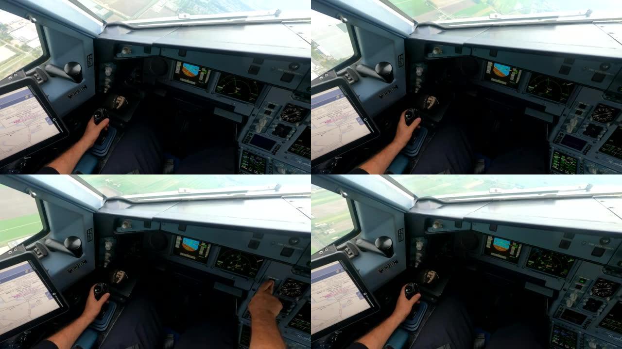 驾驶舱视点飞机由驾驶员用操纵杆4k镜头控制