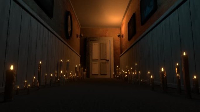 一扇门在黑暗的令人毛骨悚然的走廊里慢慢打开，有一个幽灵3d 4k动画