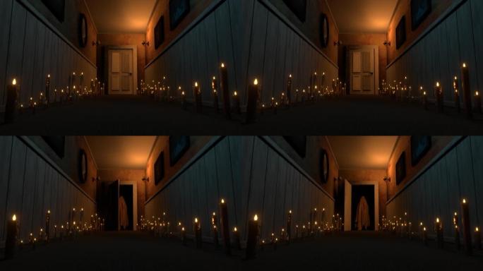 一扇门在黑暗的令人毛骨悚然的走廊里慢慢打开，有一个幽灵3d 4k动画