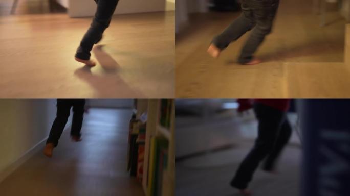 一个活跃的儿童脚在家室内跑步的模糊剪辑。客厅激动的儿童赛跑者特写