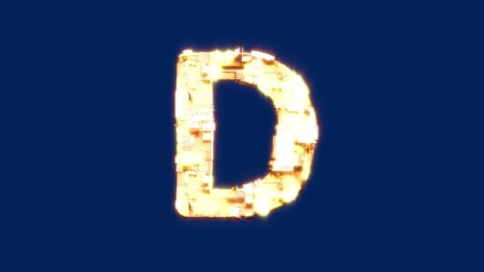 字母D-发光的未来控制论金黄色字母，孤立循环视频