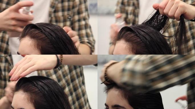 发型师喷洒在客户的头发上