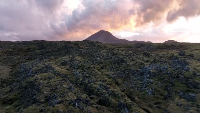 在冰岛南部的一块苔藓覆盖的岩石上进行平移射击