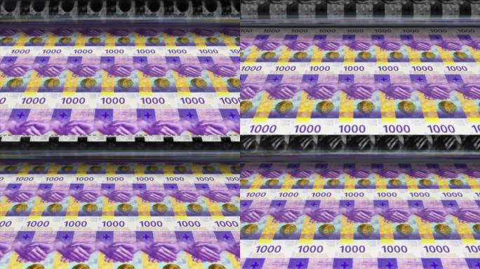 瑞典，瑞典克朗印刷机打印出当前1000克朗钞票，无缝循环，瑞典货币背景，4K，聚焦深度Smoot和尼
