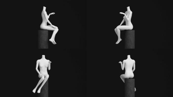 白色模特雕像，以抽象的概念展示时尚服装。在石头托盘产品支架上。在黑色背景上隔离。3d渲染旋转循环