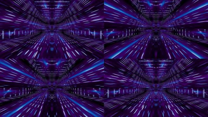 紫色太空隧道的动画镜头，发光粒子向前和向后移动