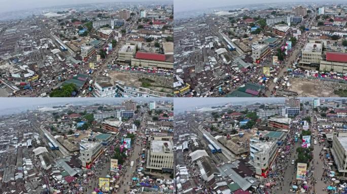 加纳阿克拉，空中无人机拍摄了阿克拉市中心的一个大市场