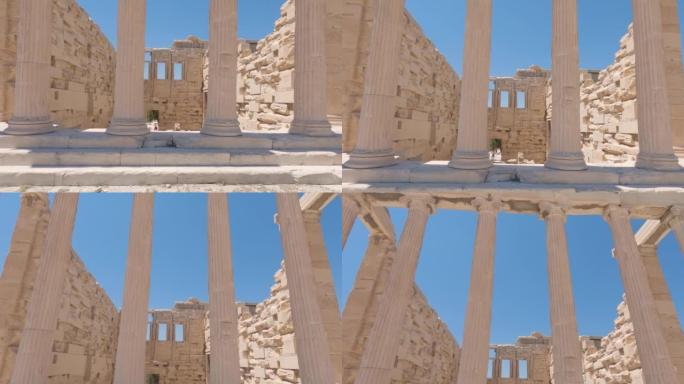 希腊雅典卫城Erechtheion神庙的圆柱特写视图。向上倾斜