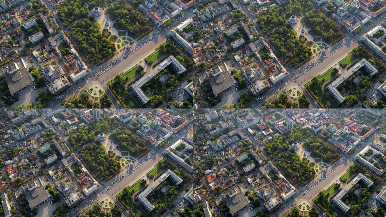 摩尔多瓦日出时基希讷乌市中心的空中无人机视图。中央公园，大教堂，政府的垂直视图很多绿化，建筑物