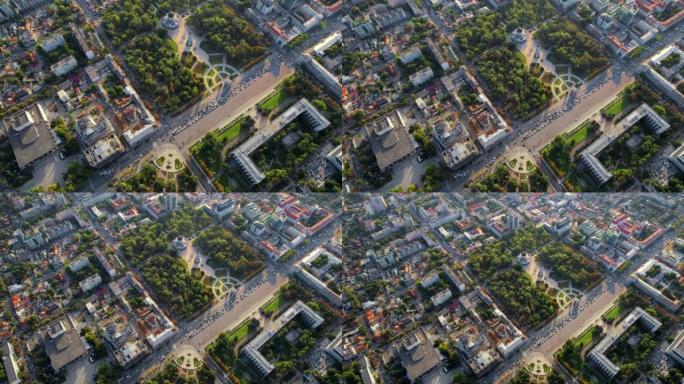 摩尔多瓦日出时基希讷乌市中心的空中无人机视图。中央公园，大教堂，政府的垂直视图很多绿化，建筑物