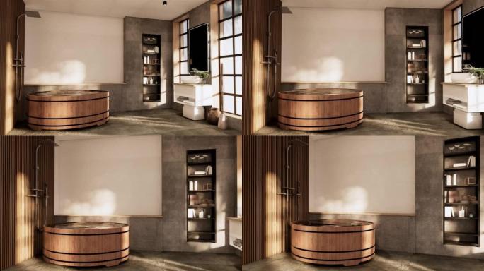 卫生间现代日本wabi sabi风格。3D插图渲染