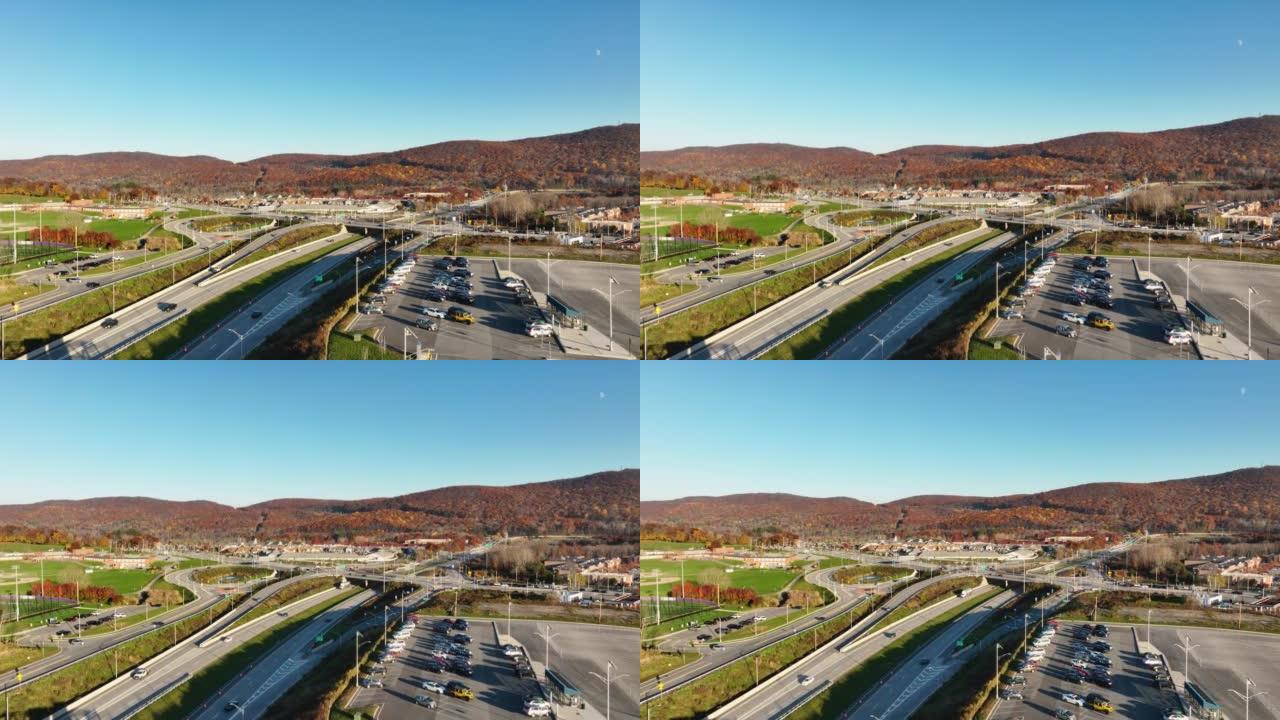 位于纽约州伍德伯里的diamond interchange (DDI) 的空中空中，无人机，下午视频