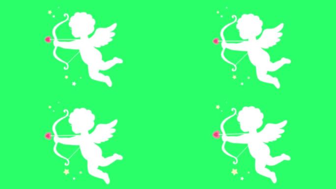 情人节用绿色背景动画白色丘比特隔离。