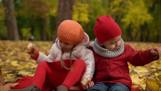 小快乐学龄前儿童兄弟姐妹朋友女孩和男孩微笑着在篮子野餐儿童儿童在秋季公园吃午餐面包面包天气玩得开心。