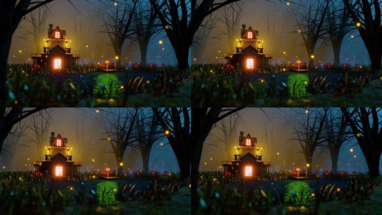令人毛骨悚然的万圣节戏剧中的场景以3D动画渲染方式渲染，其中包括鬼屋和充满南瓜怪物的墓地。