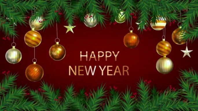 动画橙色球，红色屏幕上有文字新年快乐，用于设计圣诞节或新年模板。