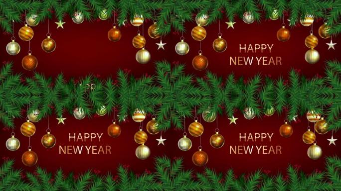 动画橙色球，红色屏幕上有文字新年快乐，用于设计圣诞节或新年模板。