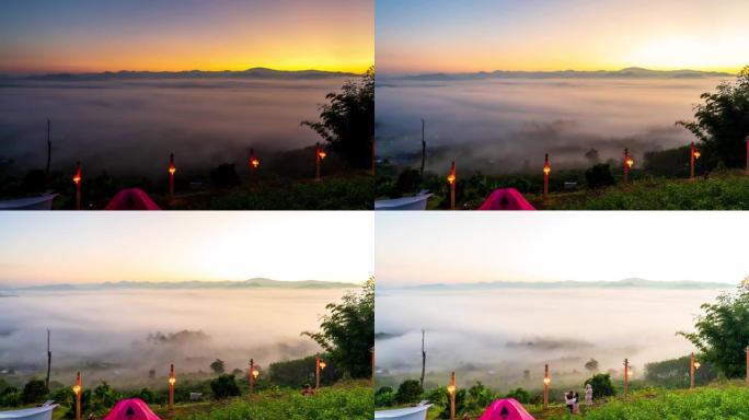 早晨日出，山上有雾，昼夜流逝。