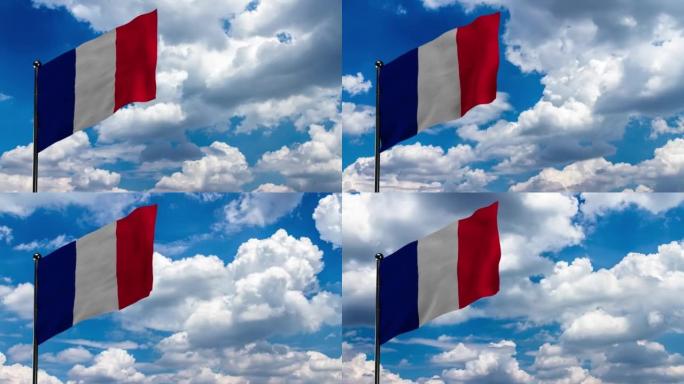 无缝循环的法国国旗在风中飘扬，背景是白云在蓝天上移动的时间推移