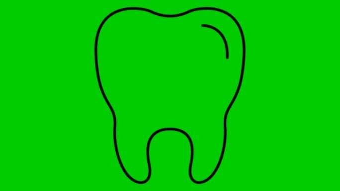 动画牙齿符号是逐渐绘制的。透明牙齿的线性黑色图标。牙科概念。循环视频。矢量插图孤立在绿色背景上。