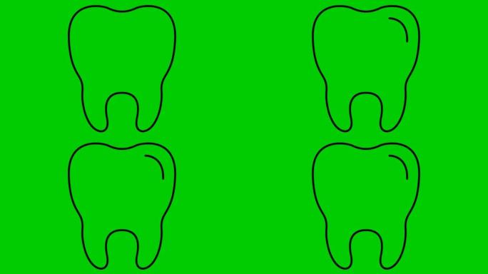 动画牙齿符号是逐渐绘制的。透明牙齿的线性黑色图标。牙科概念。循环视频。矢量插图孤立在绿色背景上。