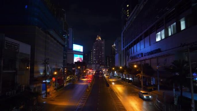 夜间照明曼谷市市中心交通街道路顶部全景4k泰国