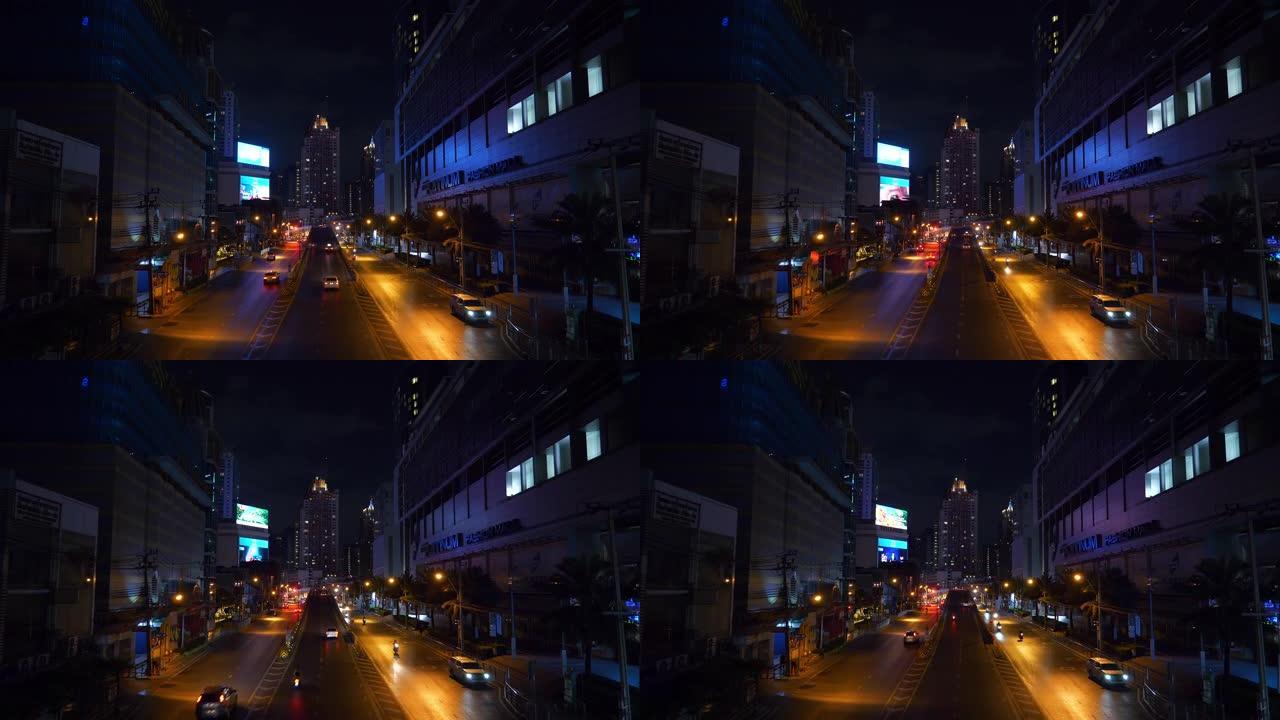 夜间照明曼谷市市中心交通街道路顶部全景4k泰国