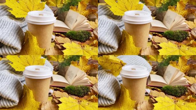 书，毛衣，纸咖啡杯，枫树和罗文黄色和红色的叶子在地面和自然的秋天背景，秋天的心情。印度夏季