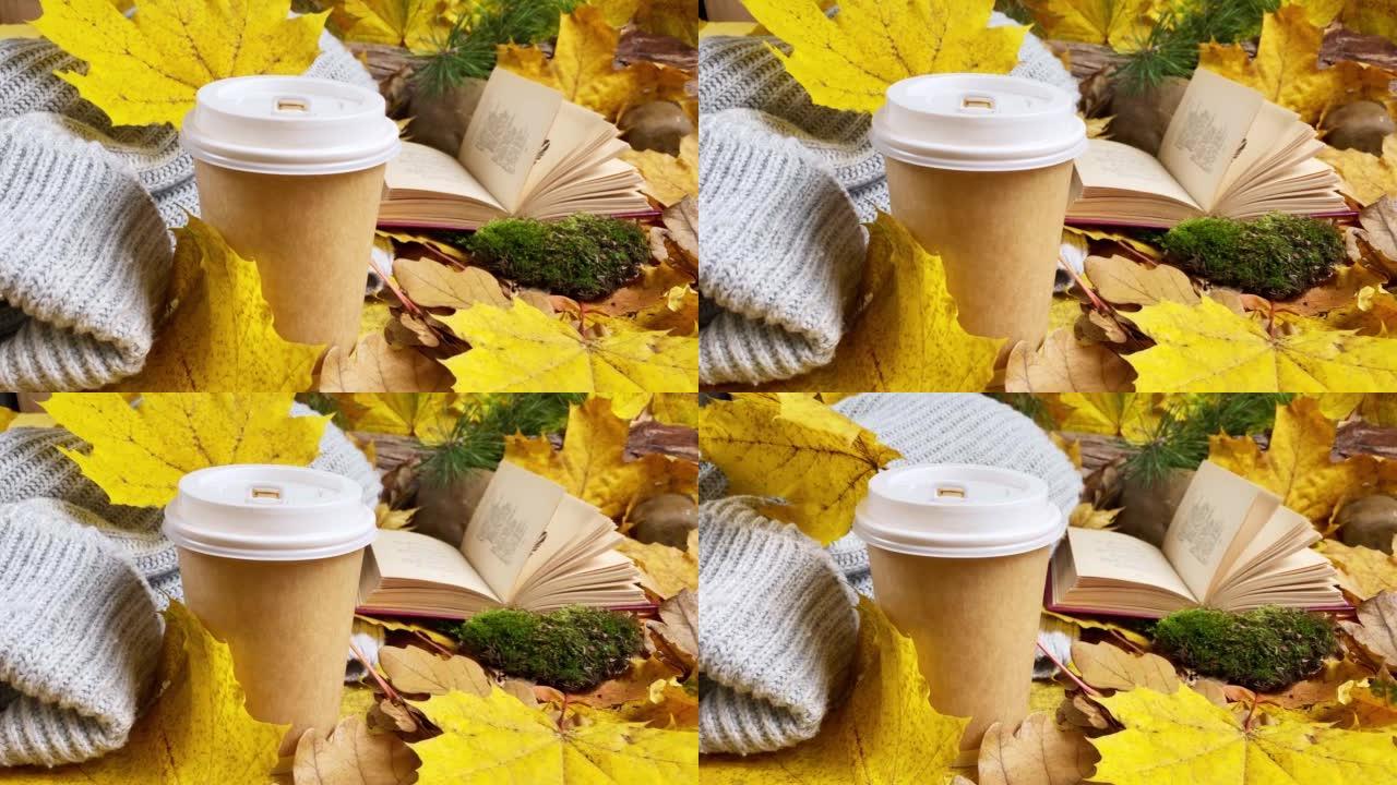 书，毛衣，纸咖啡杯，枫树和罗文黄色和红色的叶子在地面和自然的秋天背景，秋天的心情。印度夏季