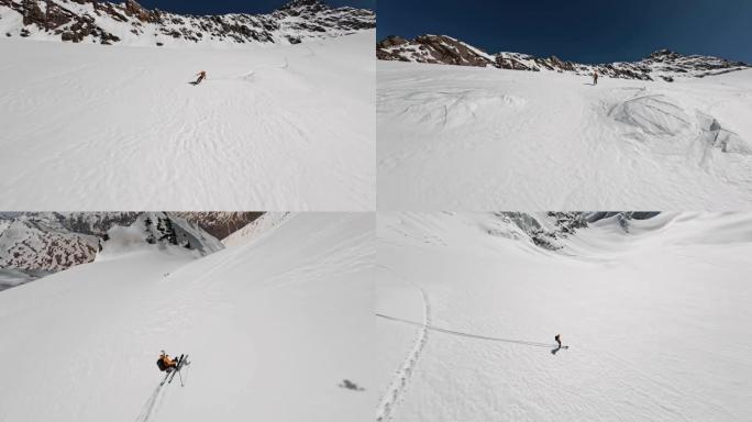 FPV运动无人机跟随男滑雪者自由滑行下坡极限速度运动