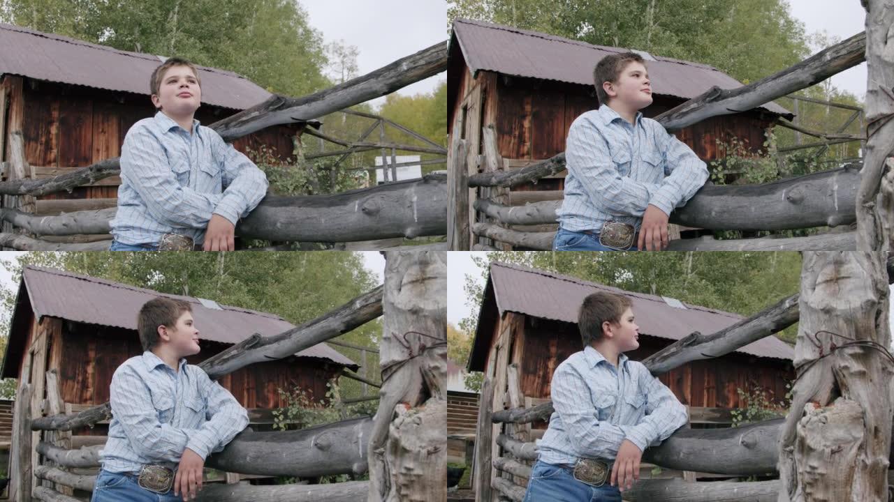 在美国科罗拉多州的一个小镇家族牧场上，一个英俊的年轻男性高加索牧场主孩子靠在篱笆上抬头远离摄像机的视