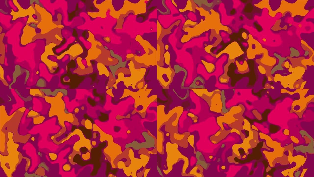 流体液体充满活力的镜头。移动4k动画橙色棕色粉色紫色，在框架中平滑移动，复制空间。抽象背景概念